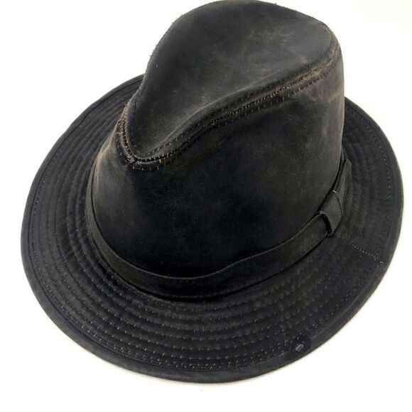 Outdoor Cap Dark Brown Waxed Indiana Jones Brimmed Fedora Hat - Picture 7 of 14